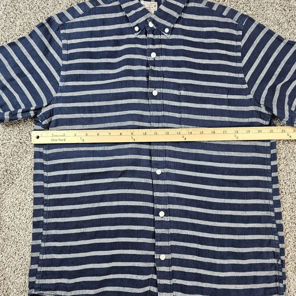 J Crew Shirt Mens Medium Blue Gray Striped Linen Button Pocket Casual Beach